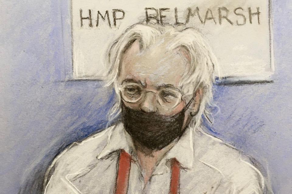 Court artist sketch by Elizabeth Cook of Julian Assange appearing by video link at the High Court in London in 2021 (PA Archive)