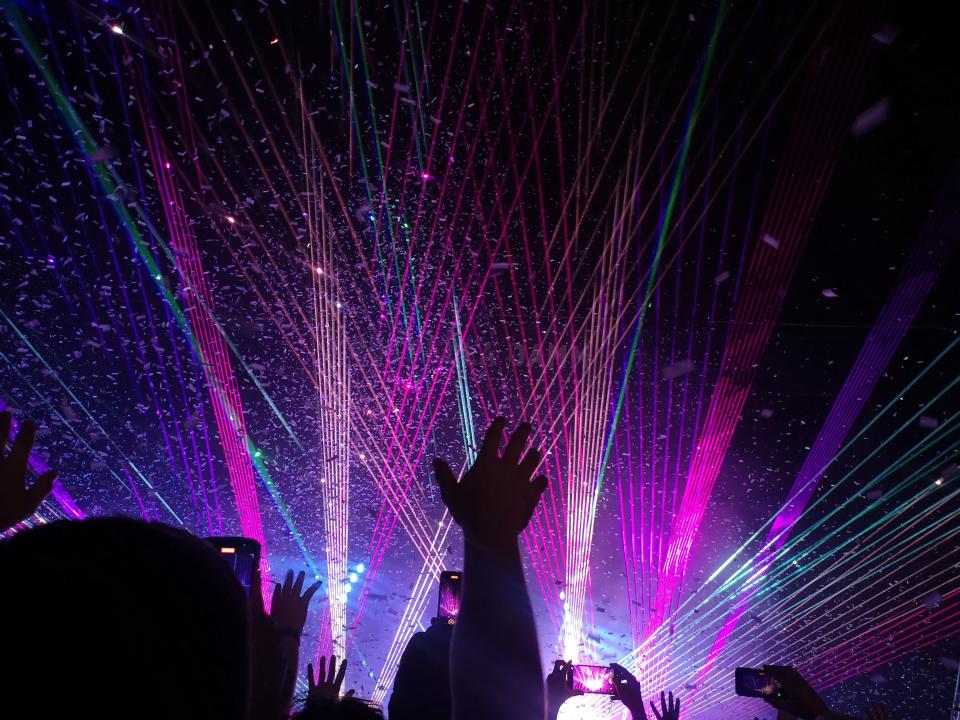 Lighting and confetti during Tame Impala's performance on the final day of the festival.