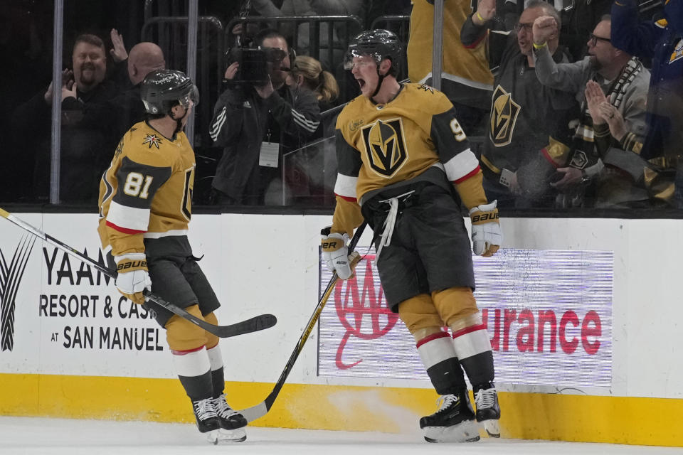 Vegas Golden Knights center Jack Eichel (9) celebrates after scoring against the Florida Panthers during the third period of an NHL hockey game Thursday, Jan. 12, 2023, in Las Vegas. (AP Photo/John Locher)