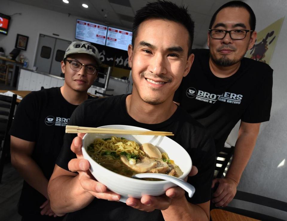 Partners in Brothers Ramen, from left, Lance Benggon, Ryan Ah Tye, and chef Taro Kawai are pictured in this file photo from 2019 when the restaurant opened.