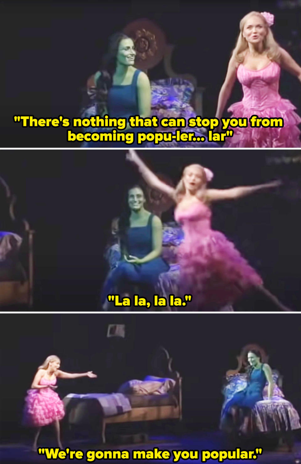 Kristin as Glinda singing "There's nothing that can stop you from becoming popu-ler, -lar" and "La-la-la-la"