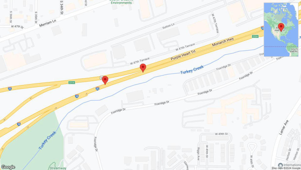 A detailed map that shows the affected road due to 'Broken down vehicle on northbound I-35 in Mission' on January 4th at 5:31 p.m.