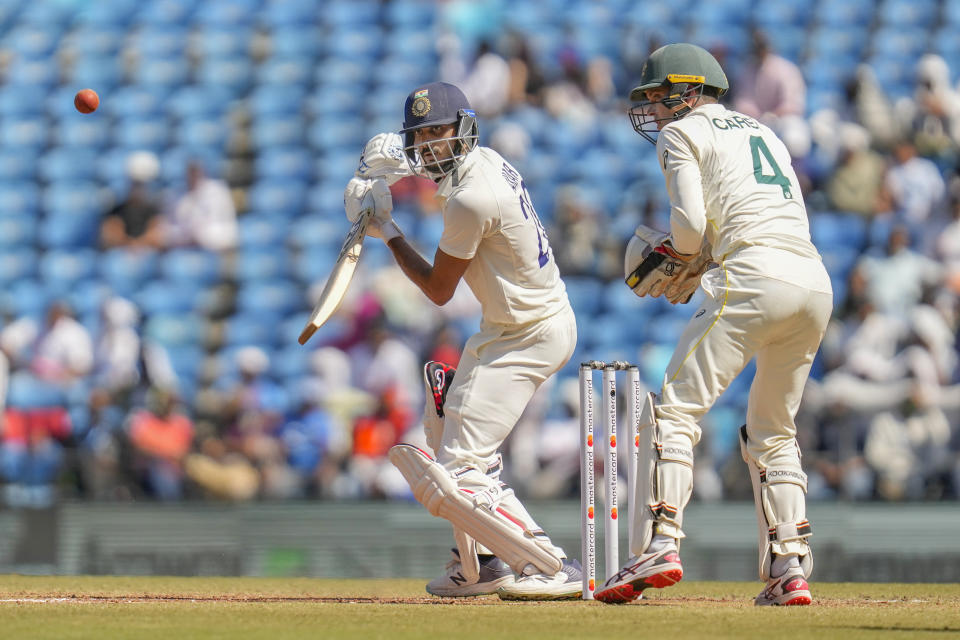 India's Axar Patel plays a shot during the third day of the first cricket test match between India and Australia in Nagpur, India, Saturday, Feb. 11, 2023. (AP Photo/Rafiq Maqbool)