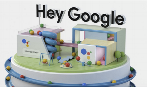 The words Hey Google above a a plastic structure symbolizing a house.