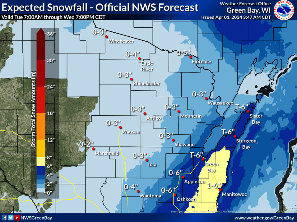 The forecast for April 2 to April 3 predicts snowfall in eastern Wisconsin.