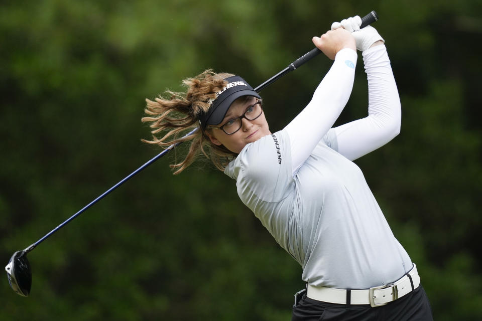 Brooke Henderson, of Canada, hits from the 16th tee during the third round of the Chevron Championship LPGA golf tournament Saturday, April 20, 2024, at The Club at Carlton Woods, in The Woodlands, Texas. (AP Photo/David J. Phillip)