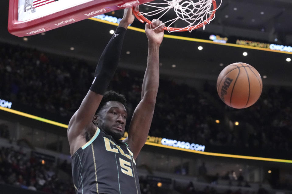 Charlotte Hornets' Mark Williams dunks the ball during the first half of an NBA basketball game against the Chicago Bulls, Thursday, Feb. 2, 2023, in Chicago. (AP Photo/Charles Rex Arbogast)