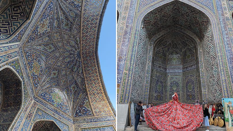 Snap a picture in traditional Uzbek dress at Registan Square.