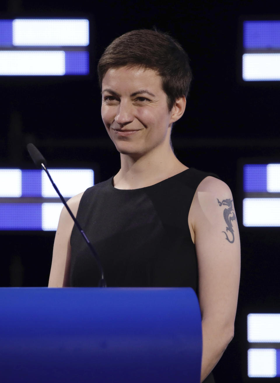 Co-President of the Greens/EFA Group, Ska Keller, speaks in the hemicycle of the European Parliament in Brussels, Sunday, May 26, 2019. From Germany and France to Cyprus and Estonia, voters from 21 nations went to the polls Sunday in the final day of a crucial European Parliament election that could see major gains by the far-right, nationalist and populist movements that are on the rise across much of the continent. (AP Photo/Olivier Matthys)