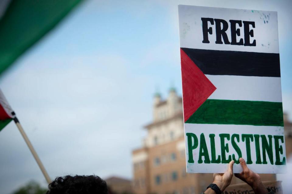 Pro-Palestinian supporters gathered Saturday, May 15, on the Country Club Plaza for KC Rally to show support for Palestinian human rights and to condemn violence against Palestinians in Gaza and the Middle East.