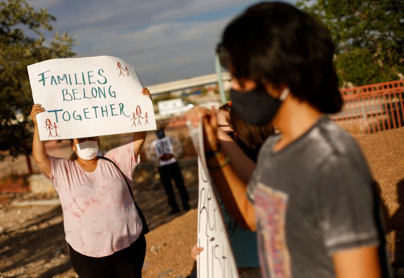 FILE PHOTO: Activists defending the rights of migrants hold a protest near Fort Bliss to call for the end of the detention of unaccompanied minors at the facility in El Paso