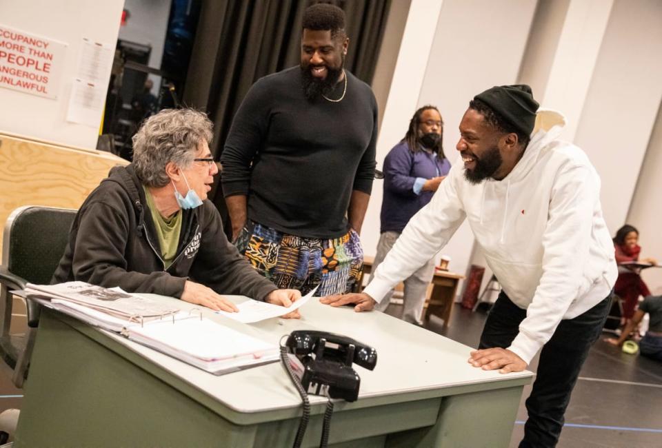 <div class="inline-image__caption"><p>Tony Taccone, Dudney Joseph Jr, and Dominique Johnson in rehearsal for the world premiere musical The Harder They Come, with book by Suzan-Lori Parks, songs by Jimmy Cliff, co-direction by Sergio Trujillo, and direction by Tony Taccone.</p></div> <div class="inline-image__credit">Joan Marcus</div>