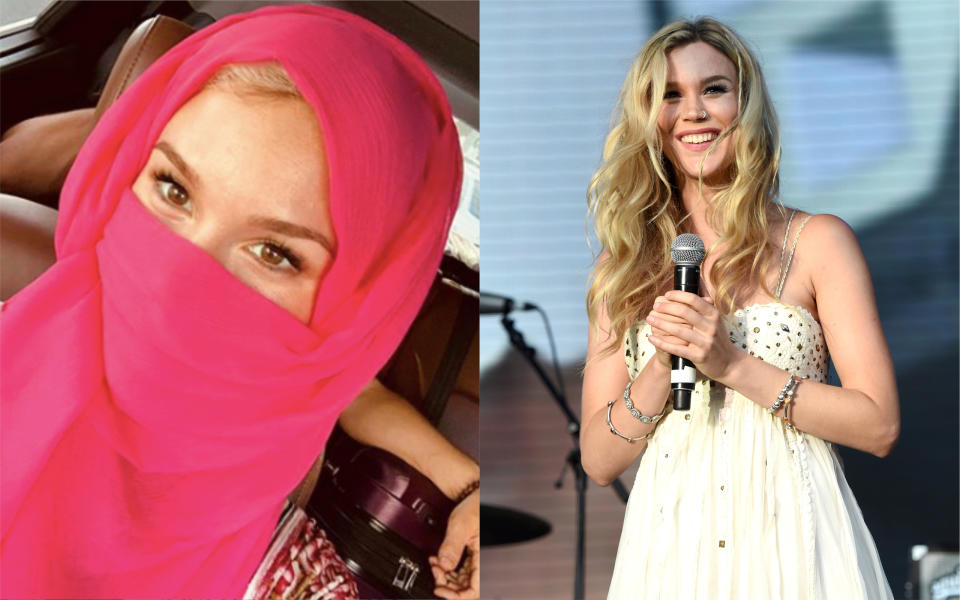 Joss Stone sparked criticism online after sharing a photograph of herself wearing a pink niqab [Photo: Instagram/Getty]