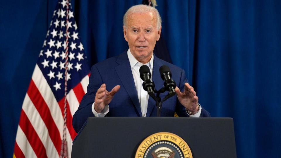 PHOTO: President Joe Biden speaks after his Republican opponent Donald Trump was injured following a shooting at an election rally in Pennsylvania, at the Rehoboth Beach Police Department, in Rehoboth Beach, Delaware, July 13, 2024. (Manuel Balce Ceneta/AP)