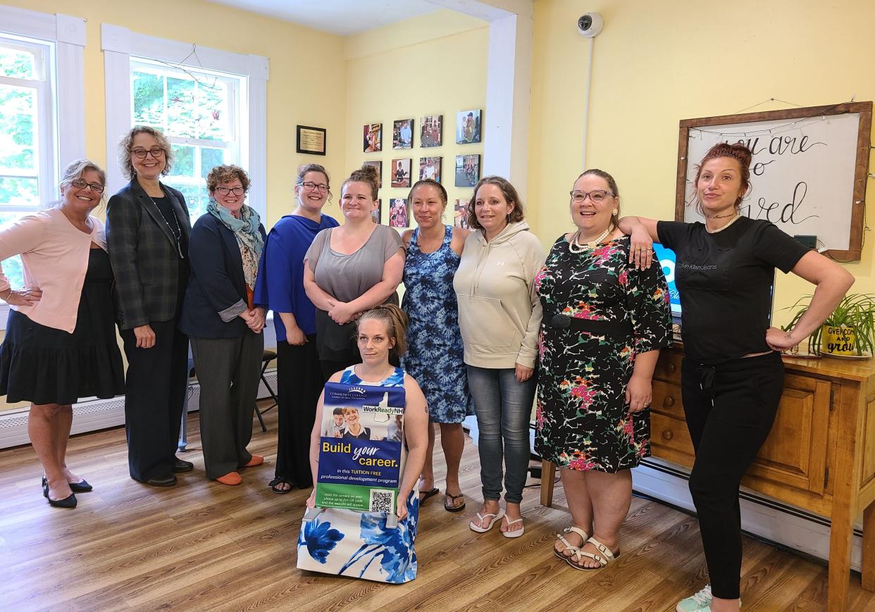 Staff from Lydia’s House of Hope, in Somersworth along with GBCC President Cheryl Lesser (2nd from left) congratulate program residents for recently completing the WorkReadyNH program.