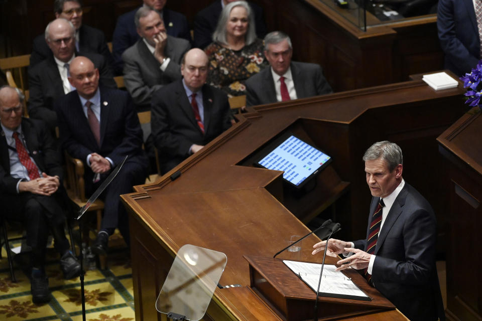 Tennessee Gov. Bill Lee, bottom right, delivers his State of the State Address in the House Chamber, Monday, Feb. 6, 2023, in Nashville, Tenn. (AP Photo/Mark Zaleski)