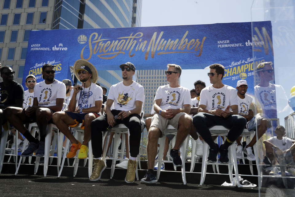 The Warriors are all laughing at my teams, which isn't very nice. (AP)