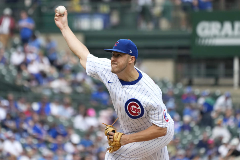 Chicago Cubs starting pitcher Jameson Taillon throws against the Colorado Rockies during the first inning of a baseball game in Chicago, Friday, Sept. 22, 2023. (AP Photo/Nam Y. Huh)