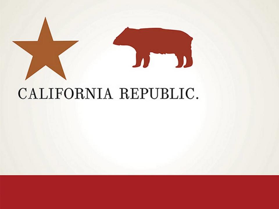 This is the design of the first California bear flag, flown during the short-lived Bear Flag Revolt of 1846. The original flag was lost during the San Francisco Earthquake, but a copy was saved.