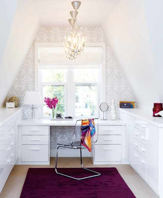 <div class="caption-credit"> Photo by: Style at Home</div><div class="caption-title">Make an Office Getaway</div>Away from the hustle and bustle of the living room and kitchen, an attic is the perfect place to tuck away an office. Try fashioning a homework station or quiet zone, to create a low key area where work can get done. <br> <b><i><a rel="nofollow noopener" href="http://blogs.babble.com/family-style/2012/02/01/25-amazingly-tiny-houses/" target="_blank" data-ylk="slk:Related: The 25 tiniest houses in the world;elm:context_link;itc:0;sec:content-canvas" class="link ">Related: The 25 tiniest houses in the world</a></i></b> <br>