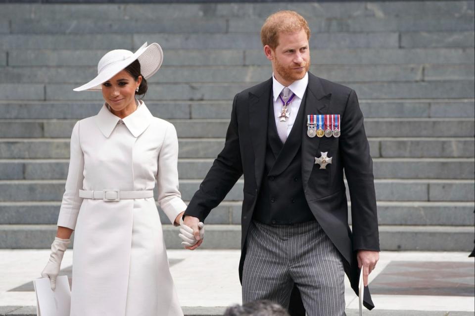 Prince Harry and Meghan, Duchess of Sussex leaves after attending a service of thanksgiving for the reign of Queen Elizabeth II at St Paul’s Cathedral (AP)