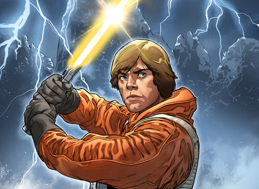 Drawing of Luke Skywalker in an orange fly suit holding a yellow lightsaber over his head