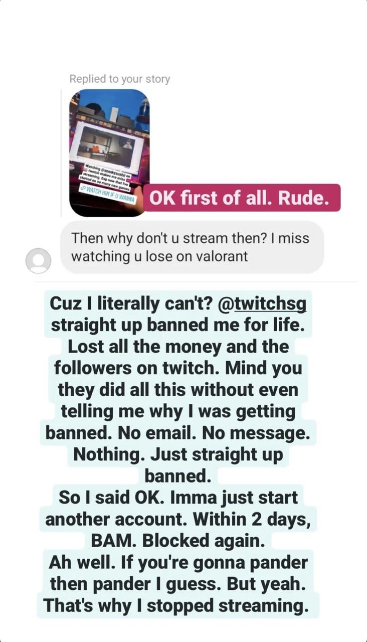 Dee Kosh explains in a Story to an IG user why he can't stream on Twitch anymore