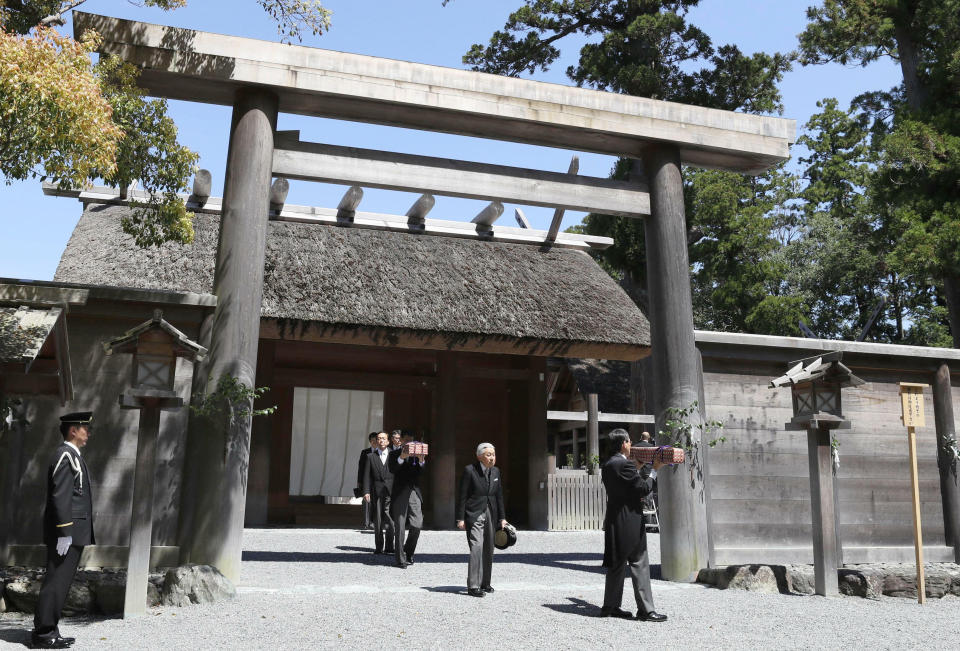 Japanese Emperor Akihito, second right, visits Ise Grand Shrine, or Ise Jingu, in Ise, central Japan Thursday, April 18, 2019. This is the last trip to a local region for emperor and empress before emperor's abdication. (Kyodo News via AP)