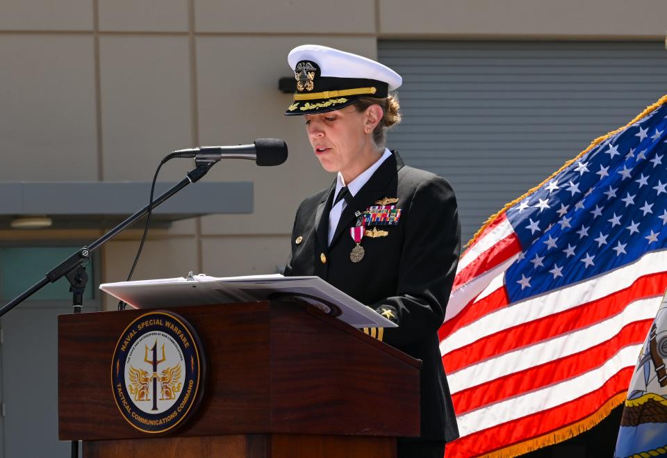 Navy Cmdr. Blythe Blakistone, commander of Naval Special Warfare Tactical Communications Command One (TCC-1), speaks during a change of command ceremony April 28 at Coronado, California.