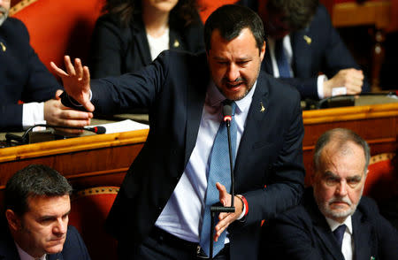 Deputy Prime Minister Matteo Salvini speaks in the upper house of the Italian parliament, in Rome, Italy March 20, 2019. REUTERS/Yara Nardi