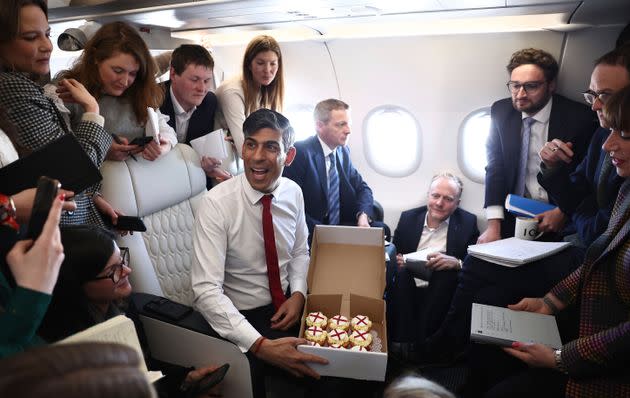 Britain's Prime Minister Rishi Sunak offering St George's Day cupcakes to journalists today. 