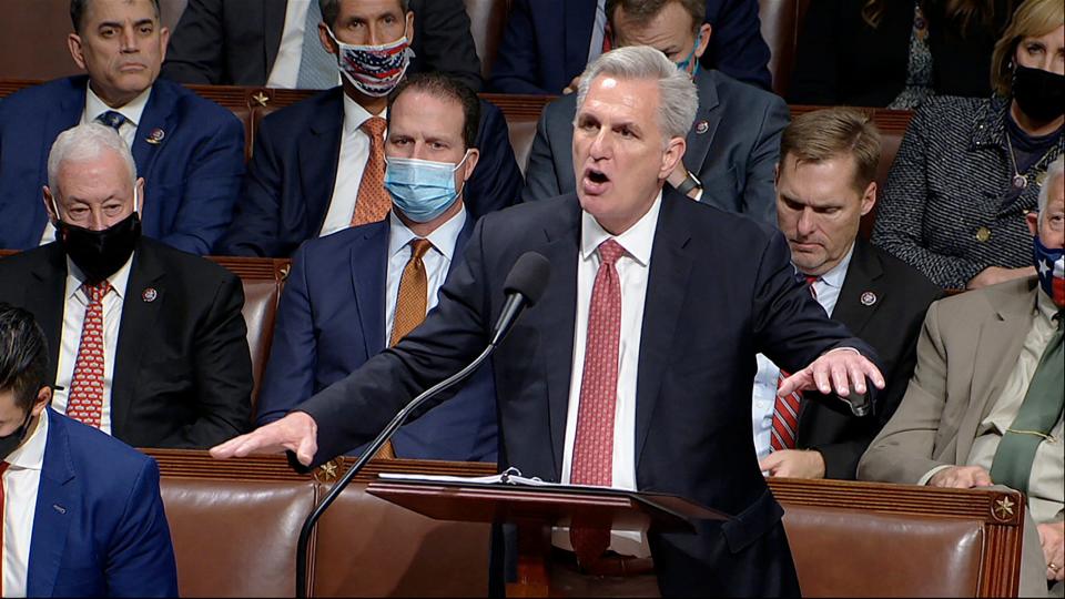 “Enough with Washington waste. Enough with the fraud, Washington abuse and Washington corruption,” House Minority Leader Kevin McCarthy, R-Calif., says during debate on the Democrats' expansive social and environment bill on Nov. 18, 2021.