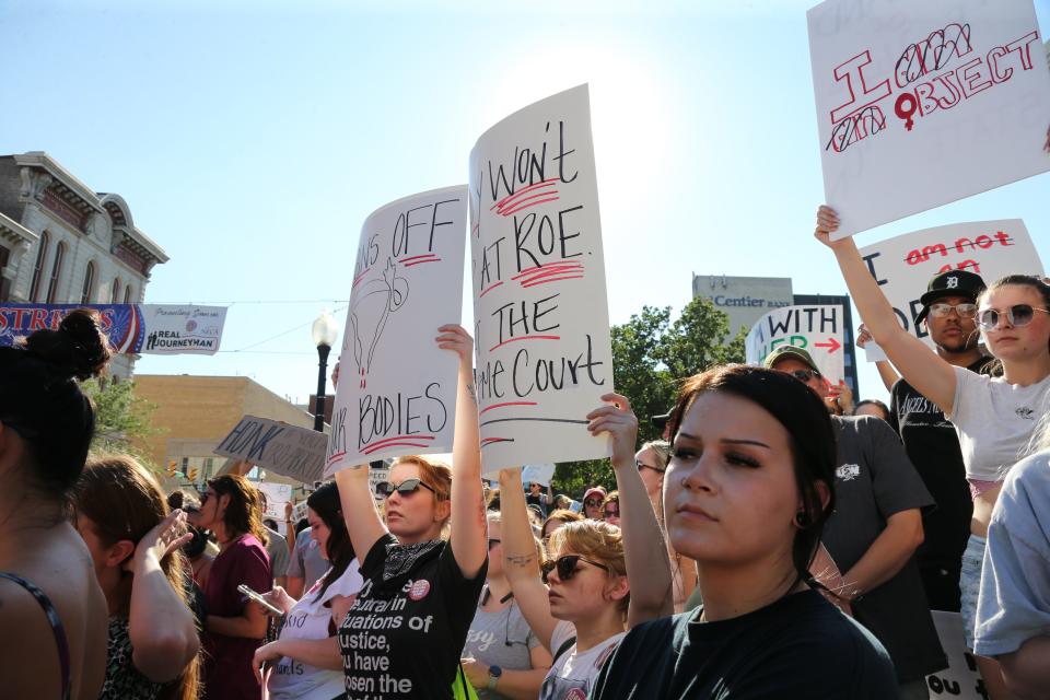 More than 400 people gathered at the Tippecanoe County Courthouse in Lafayette, Ind., June 29, 2022, in protest against the U.S. Supreme Court on June 24 overturning Roe v. Wade, the landmark decision that gave a woman the right to an abortion nearly 50 years ago.