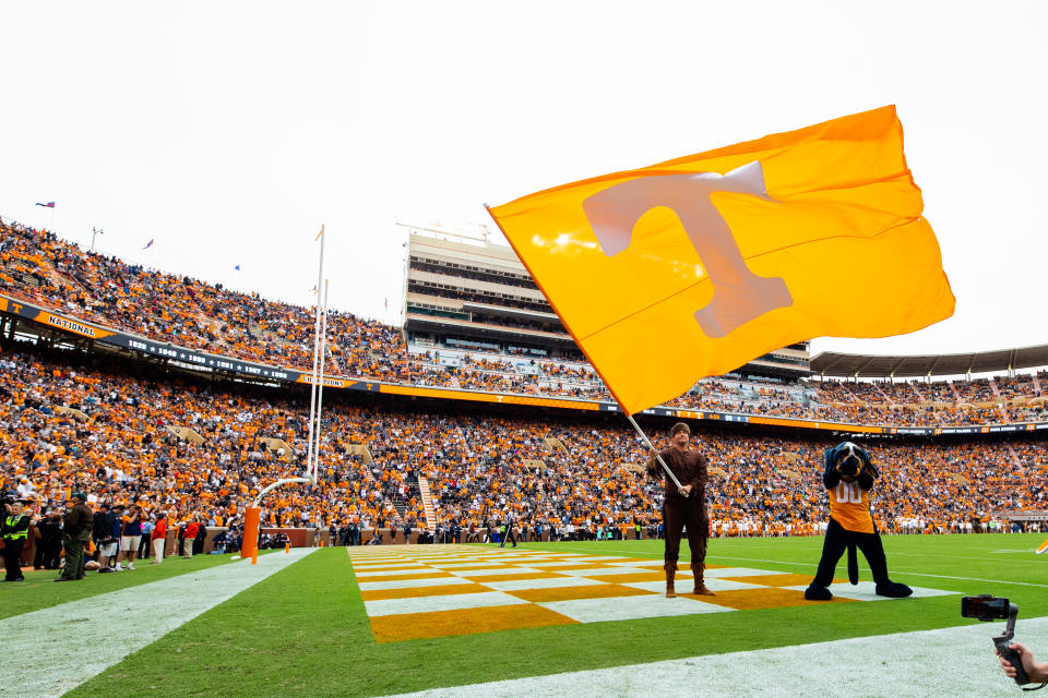 KNOXVILLE, TN - OCTOBER 12: General view of a Tennessee Volunteers flag during a game against the Mississippi State Bulldogs at Neyland Stadium on October 12, 2019 in Knoxville, Tennessee. (Photo by Carmen Mandato/Getty Images)