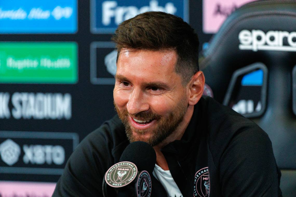 Inter Miami forward Lionel Messi speaks with the media during a press conference at DRV PNK Stadium on Thursday, Aug. 17, 2023, in Fort Lauderdale, Fla. 