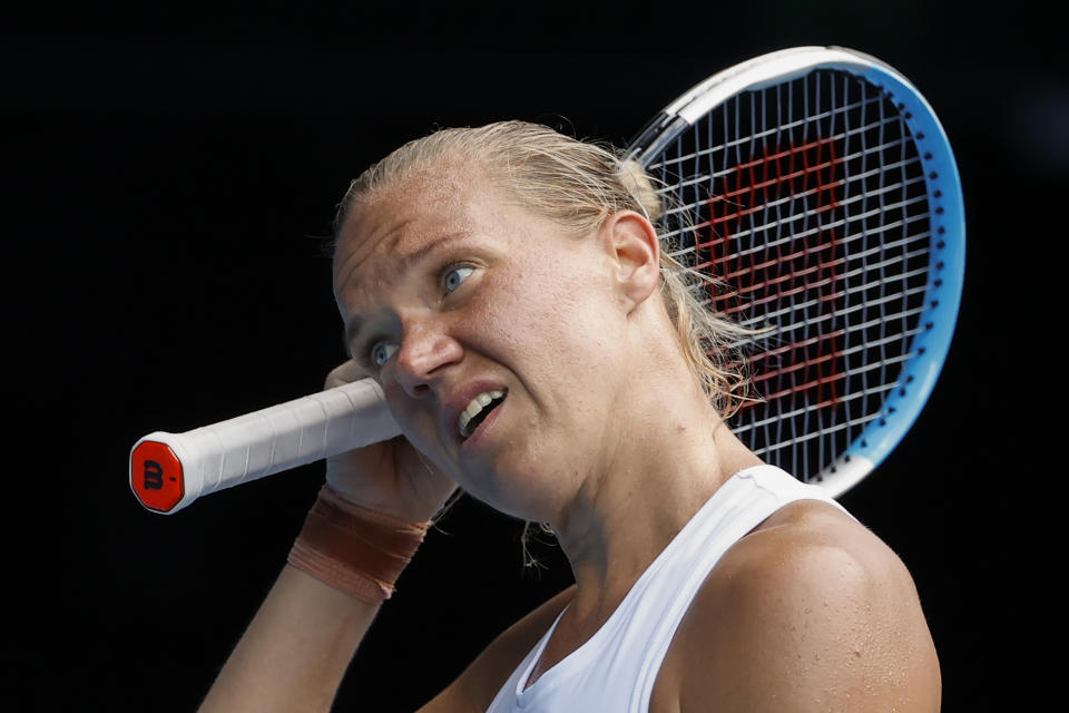 Kaia Kanepi of Estonia reacts during her quarterfinal against Iga Swiatek of Poland at the Australian Open tennis championships in Melbourne, Australia, Wednesday, Jan. 26, 2022. (AP Photo/Tertius Pickard)