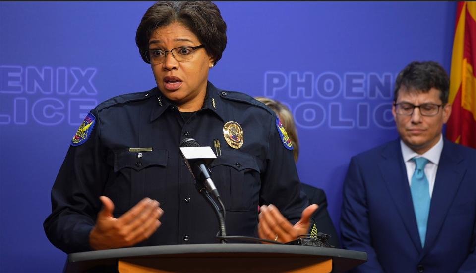 Phoenix police Chief Jeri Williams addresses the media about a launch of a new multiagency program, "Operation Gun Crime Crackdown," aimed at reducing violent gun crimes.