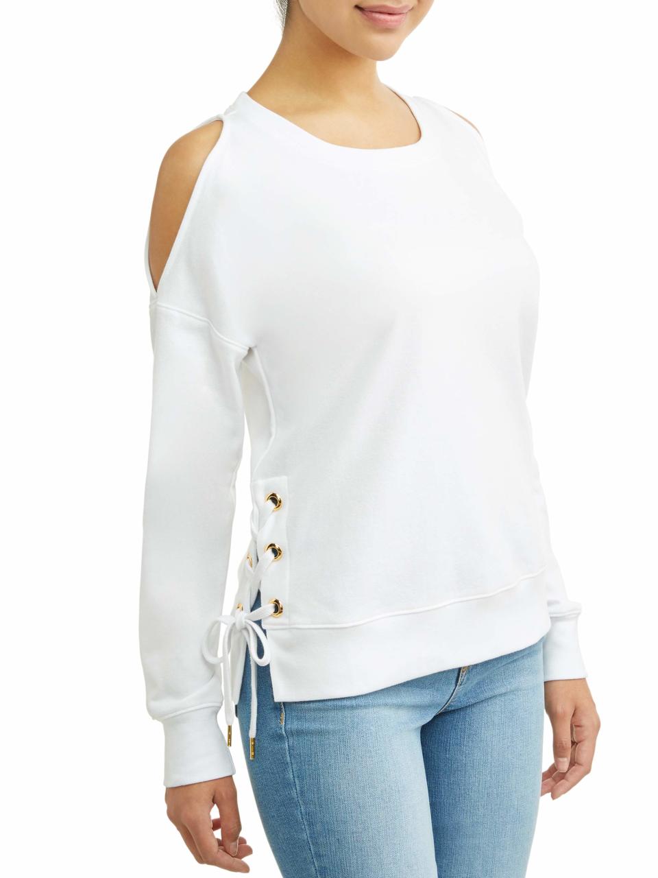 Sofía Jeans by Sofía Vergara Cold Shoulder Side-Lace Grommet Sweatshirt. (Photo: Walmart)