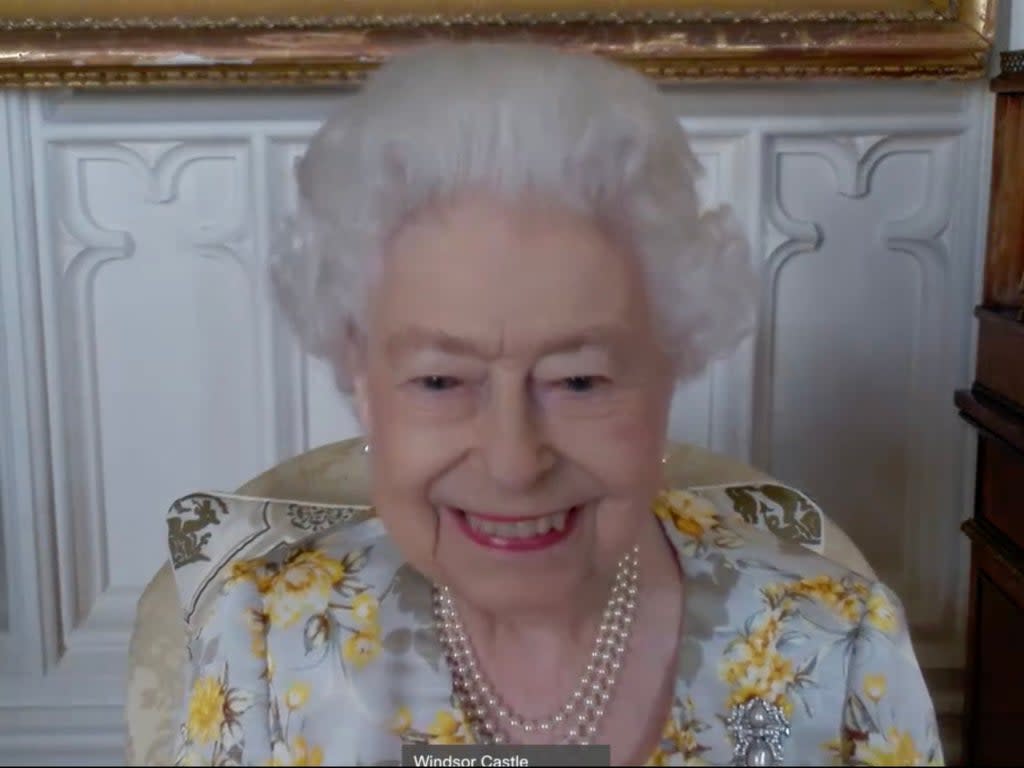 Queen Elizabeth II during a video call and virtual visit to the Royal London Hospital on Wednesday (PA)