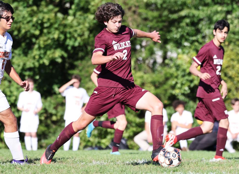 West Bridgewater's James Sheedy takes a shot on Bishop Connolly keeper Brendan Defaria during a game on Tuesday, Sept. 27, 2022.