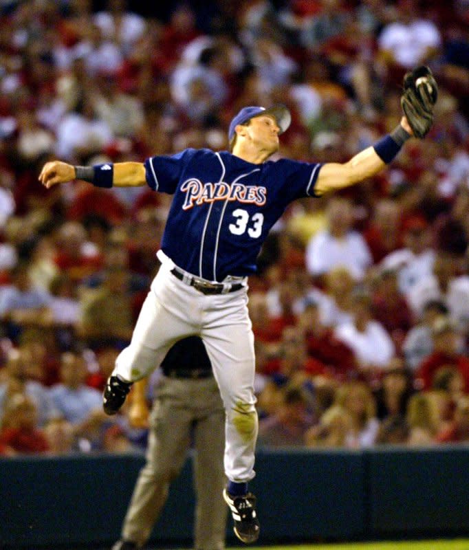 San Diego Padres' third baseman Sean Burroughs makes a jumping catch for the out on a baseball hit by St. Louis Cardinals' Edgar Renteria in the seventh inning at Busch Stadium in St. Louis on July 12, 2003. Burroughs died Friday at age 43. File Photo by Bill Greenblatt/UPI