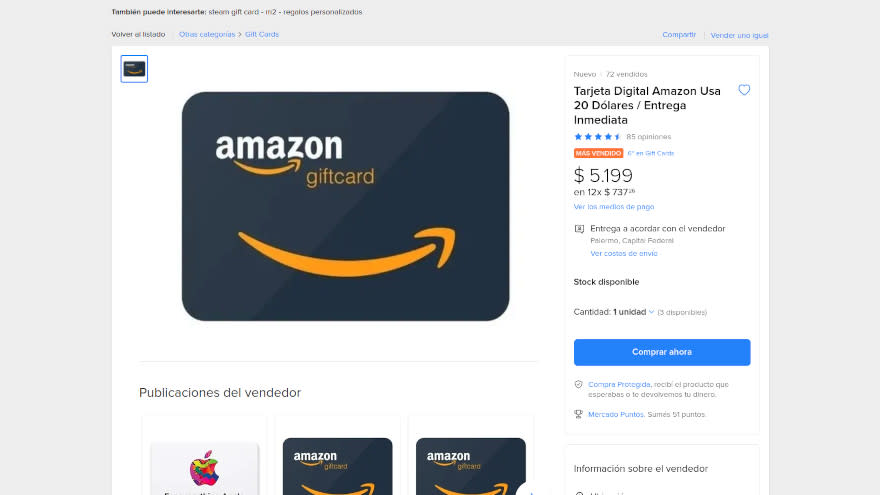 Comprando giftcards de Amazon se accede a un dólar de 260 pesos en Mercado Libre (cotización al 13.05.2022)
