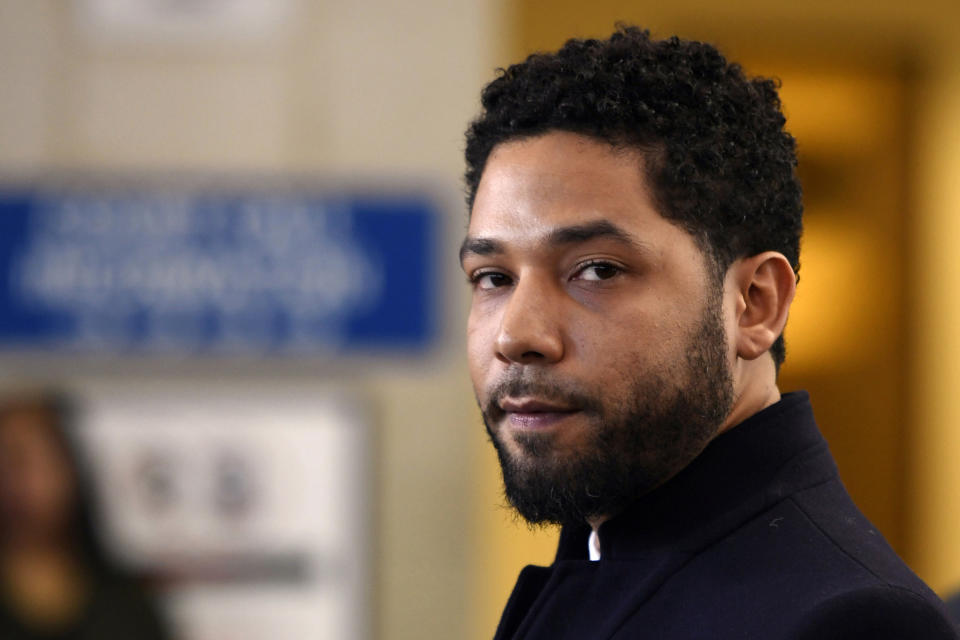 FILE - In this March 26, 2019, file photo, actor Jussie Smollett talks to the media before leaving Cook County Court after his charges were dropped in Chicago. A special prosecutor decided to prosecute Smollett again, 11 months after county prosecutors dropped charges that the “Empire” actor hired two men to fake the attack to further his career. (AP Photo/Paul Beaty, File)