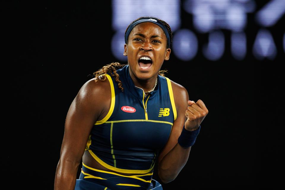 Coco Gauff celebrates during her Australian Open semifinal match against Aryna Sabalenka on Jan. 25, 2024.