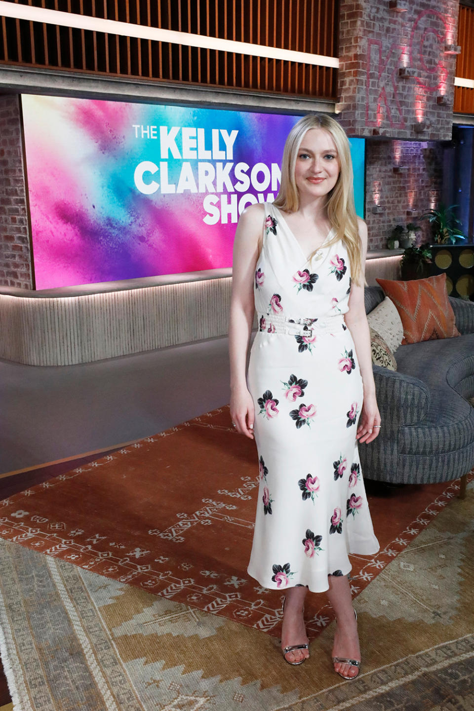 Dakota Fanning on "The Kelly Clarkson Show" on June 5, Prada, floral dress, Aquazzura, silver sandals