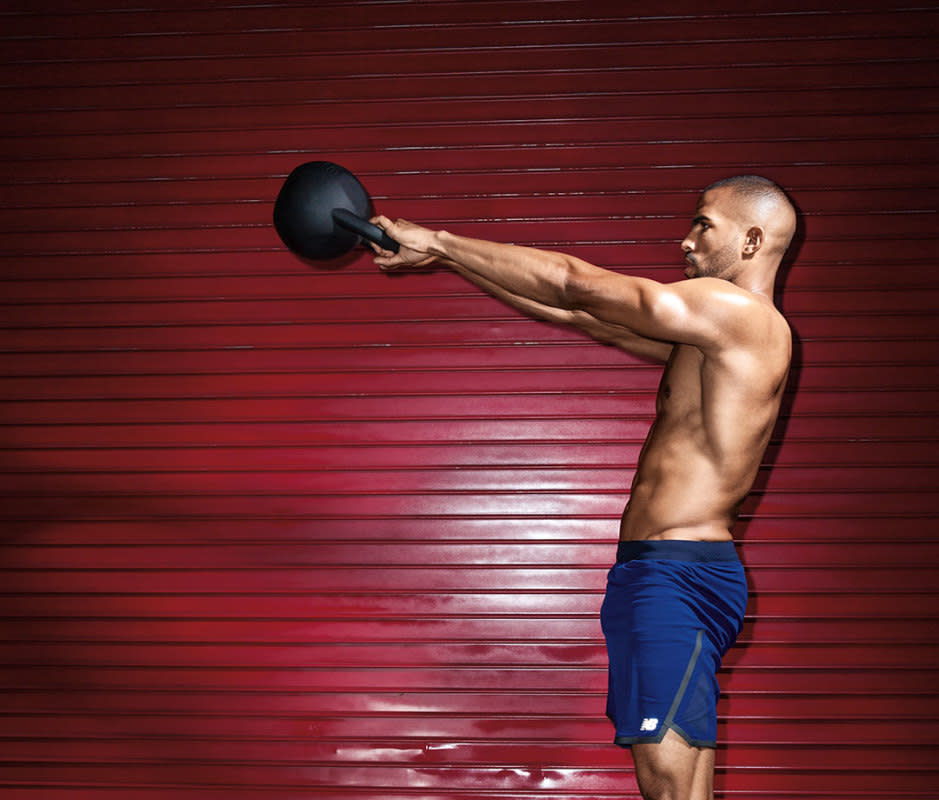 How to do it:<ol><li>Stand holding a kettlebell with both hands in front of you with straight arms.</li><li>Squat as you lower the kettlebell along an arc under and between your legs.</li><li>Start the movement with the hips, driving your hips and swinging the kettlebell up until your arms are parallel to the floor.</li><li>Without pausing, complete the set.</li></ol>