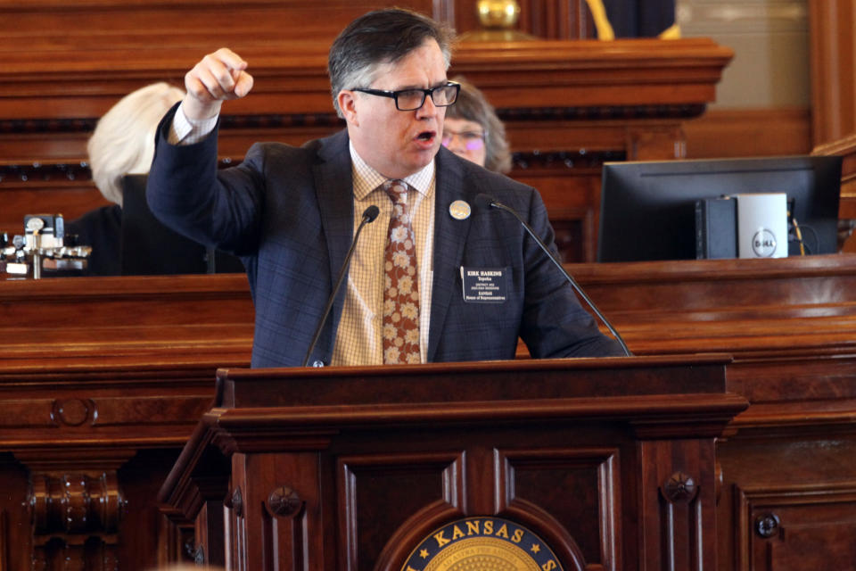 Kansas state Rep. Kirk Haskins, D-Topeka, speaks against a bill that would restrict the use of diversity, equity and inclusion initiatives on university campuses during a debate, Wednesday, March 20, 2024, at the Statehouse in Topeka, Kan. Haskins is graduate studies chairman at Baker University and says the bill would restrict academic freedom. (AP Photo/John Hanna)