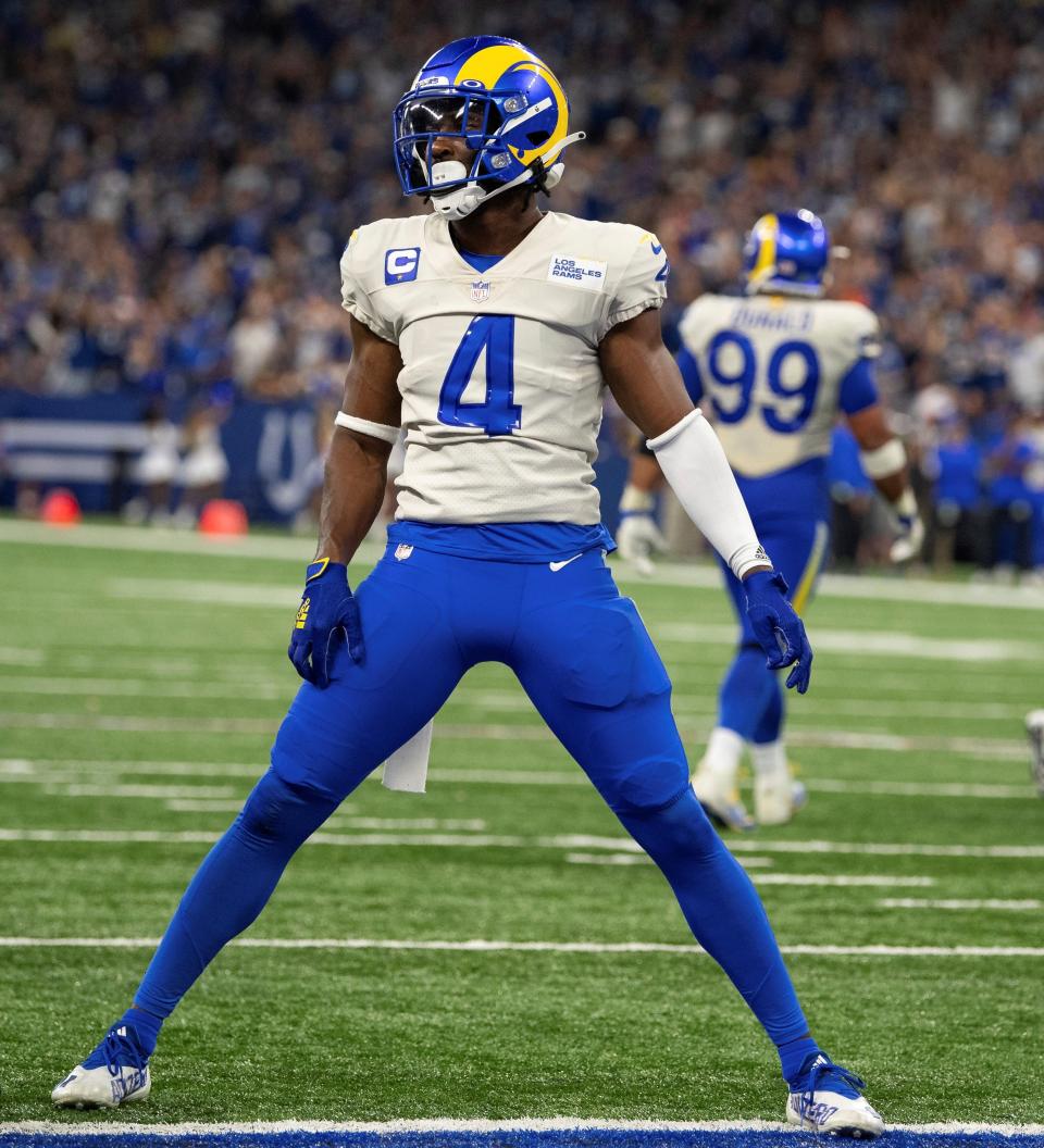 Los Angeles Rams safety Jordan Fuller (4) reacts to a call during an NFL football game against the Indianapolis Colts, Sunday, Sept. 19, 2021, in Indianapolis. (AP Photo/Zach Bolinger)
