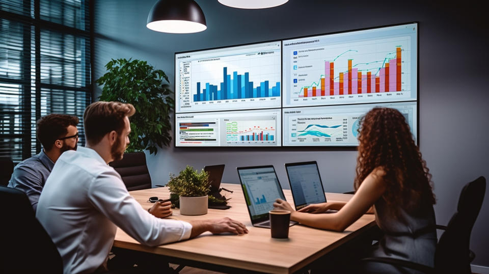 A team of software developers gathered around a monitor discussing a new CRM platform.