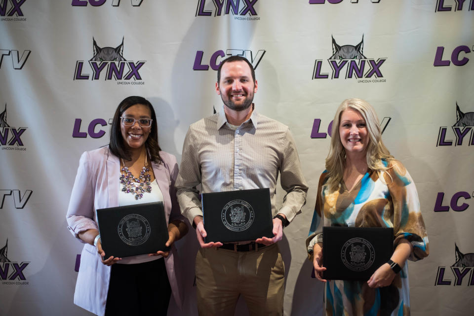 Lincoln College staff members from left Tiffany Jones, Jacob Harnacke and Deanne Mott were recognized with the Leadership Impact Award. The award is given to faculty and staff members who embody the NSLS mission and exemplify a commitment to excellence in developing student leaders.